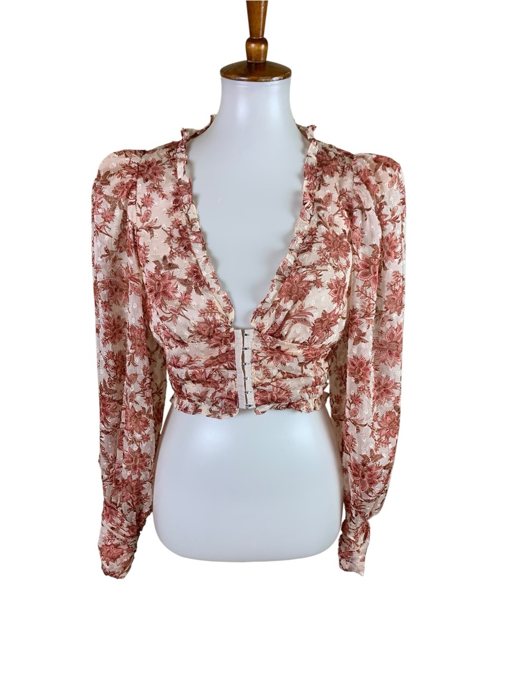 Olivaceous Cream Rust Floral Sheer Corset Crop Top M Long Sleeve Romantic Boho